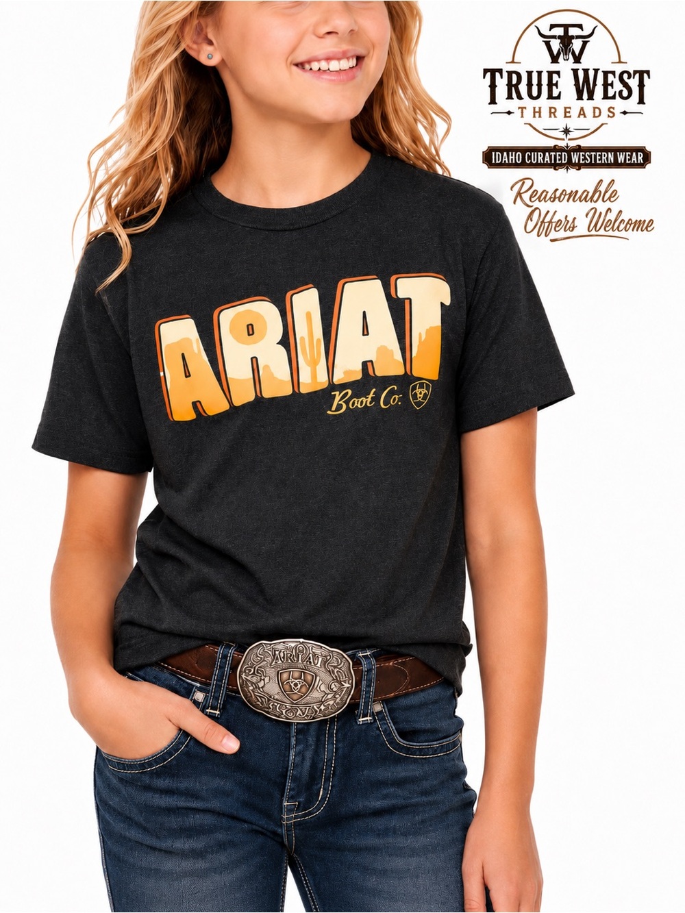 Ariat Girls Desert Graphic Western T-Shirt Gray Short Sleeve Size Medium